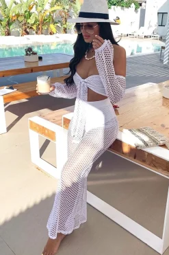 Rebellious Fashion White Fish Net Crop Tie Top and Trousers Co-ord - Misa