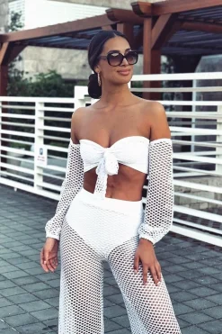 Rebellious Fashion White Fish Net Crop Tie Top and Trousers Co-ord - Misa