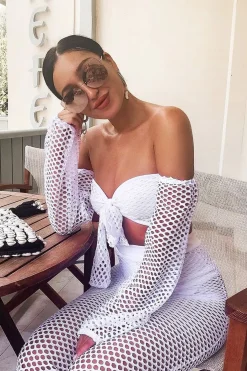 Rebellious Fashion White Fish Net Crop Tie Top and Trousers Co-ord - Misa