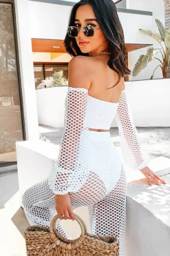 Rebellious Fashion White Fish Net Crop Tie Top and Trousers Co-ord - Misa