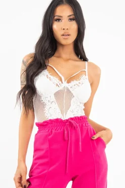 Rebellious Fashion White Fishnet Floral Lace Strappy Mesh Bodysuit - Hallee