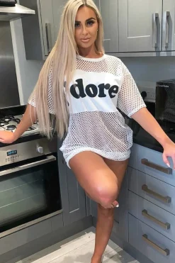 Rebellious Fashion White Fishnet J'dore Slogan T-shirt Dress - Fraida
