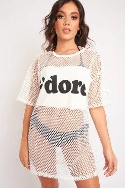 Rebellious Fashion White Fishnet J'dore Slogan T-shirt Dress - Fraida