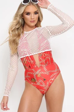 Rebellious Fashion White Fish Net Long Sleeved Crop Top - Ivory