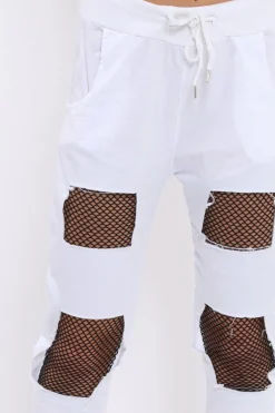 Rebellious Fashion White Fish Net Panel Detail Joggers - Mikaela