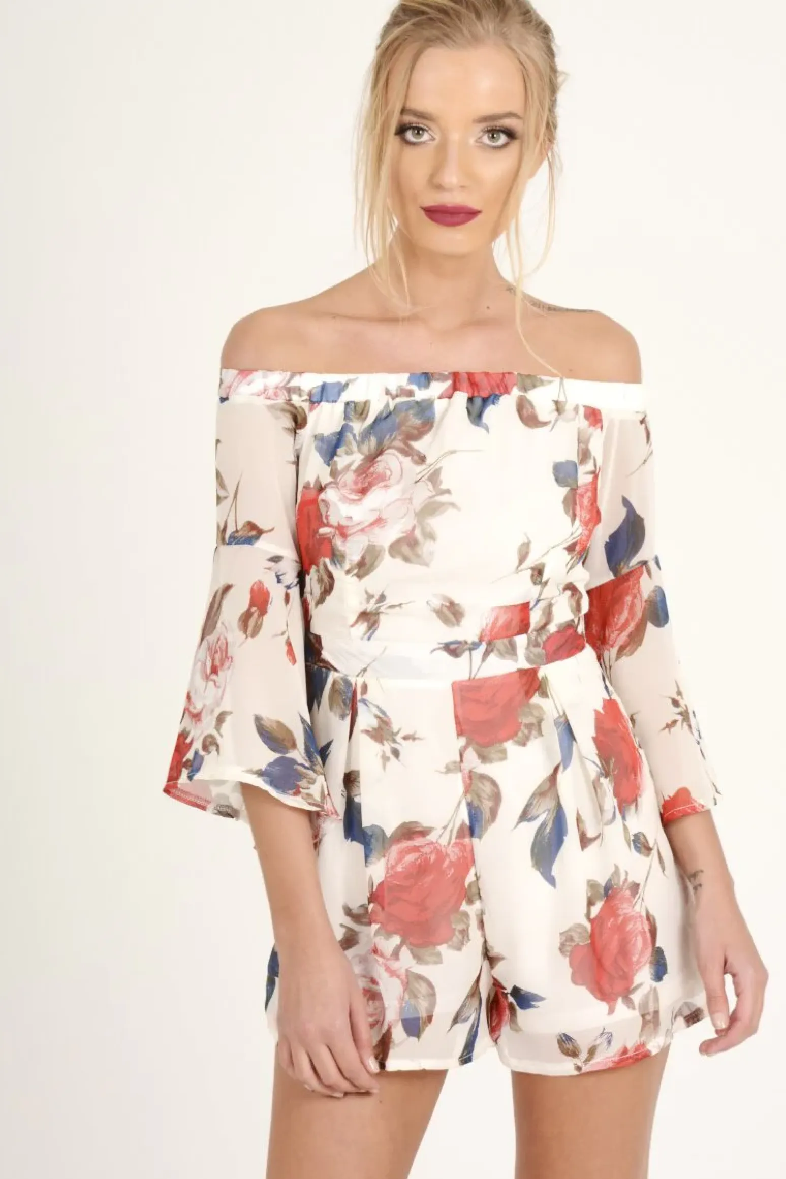 Rebellious Fashion White Floral Bardot Flared Sleeve Playsuit - Carla
