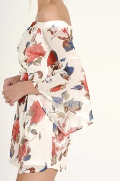 Rebellious Fashion White Floral Bardot Flared Sleeve Playsuit - Carla