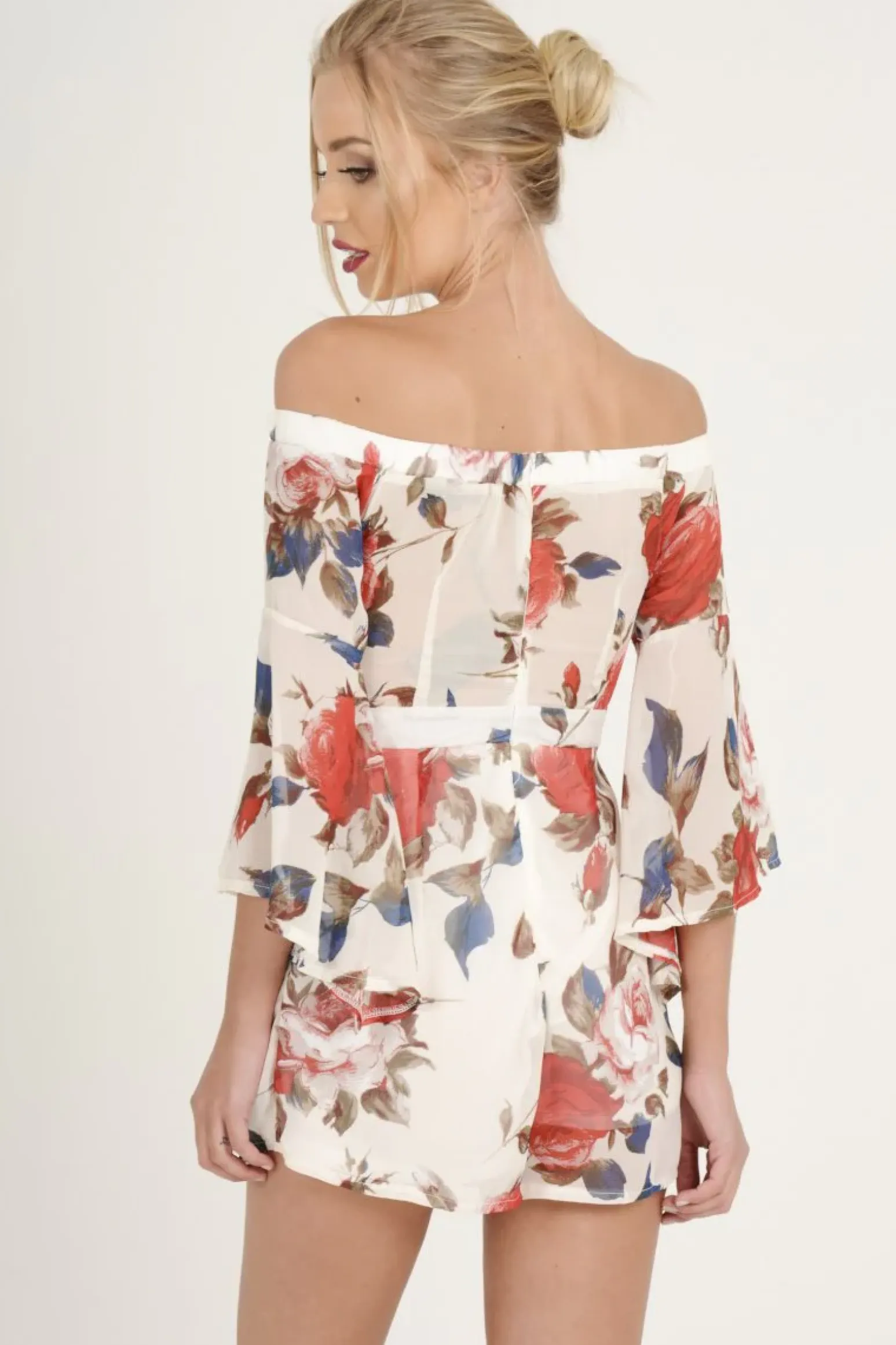 Rebellious Fashion White Floral Bardot Flared Sleeve Playsuit - Carla