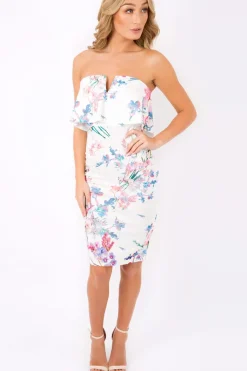 Rebellious Fashion White Floral Bardot Frill Midi Dress - Caya