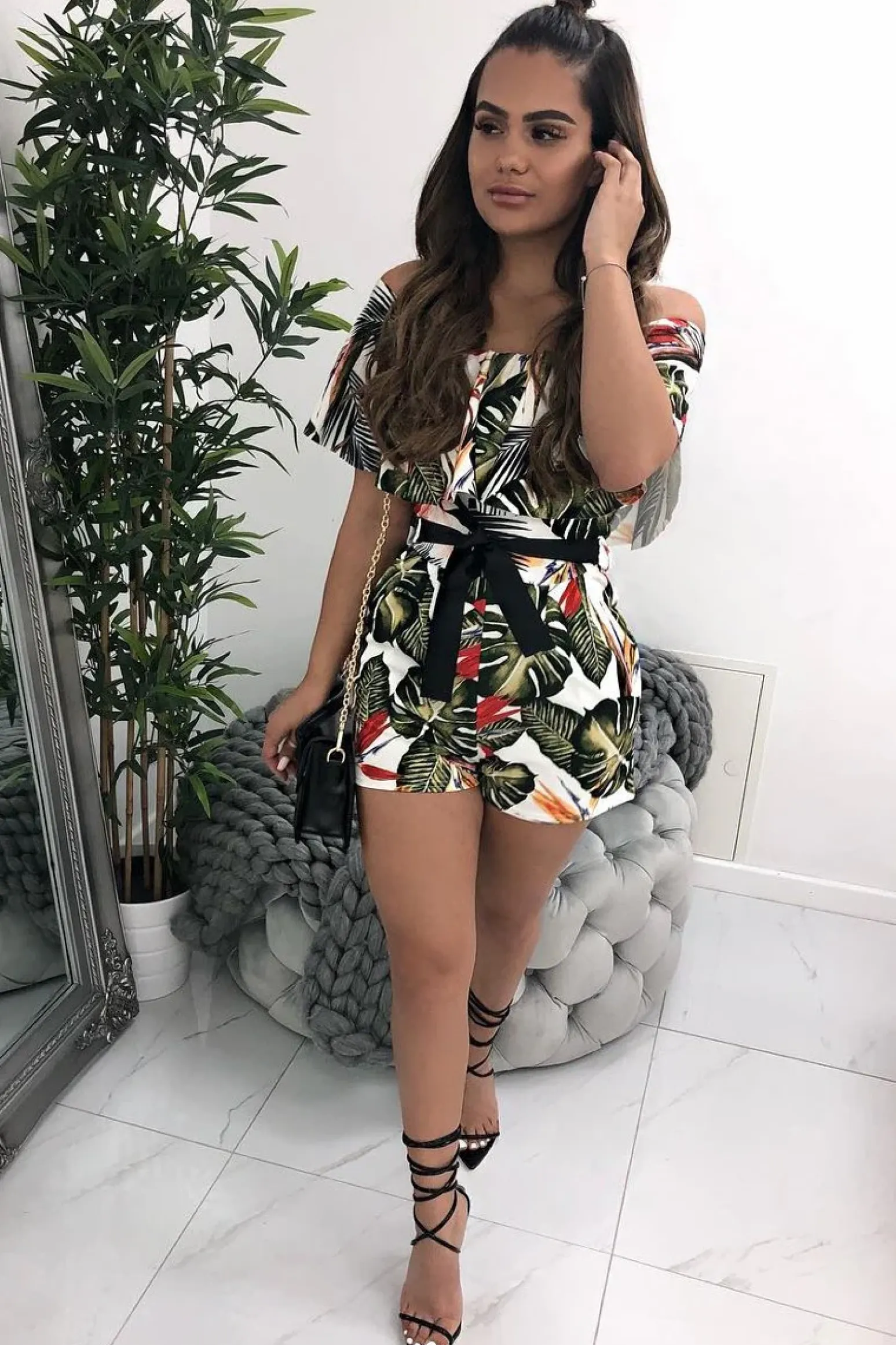 Rebellious Fashion White Floral Bardot Frill Playsuit - Rylinn