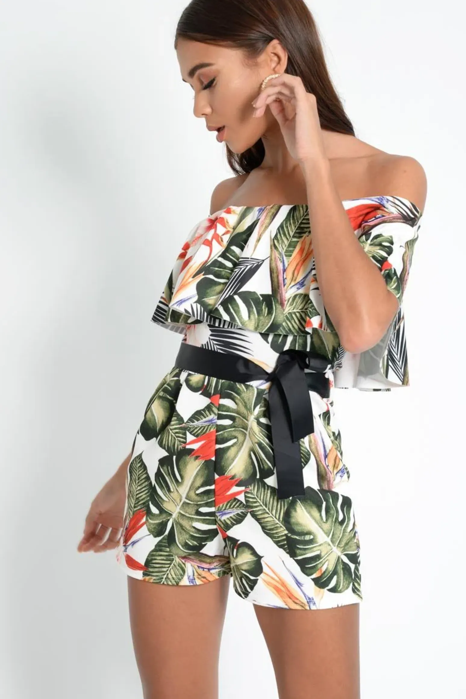 Rebellious Fashion White Floral Bardot Frill Playsuit - Rylinn