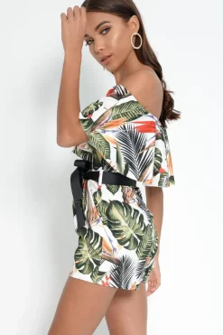 Rebellious Fashion White Floral Bardot Frill Playsuit - Rylinn