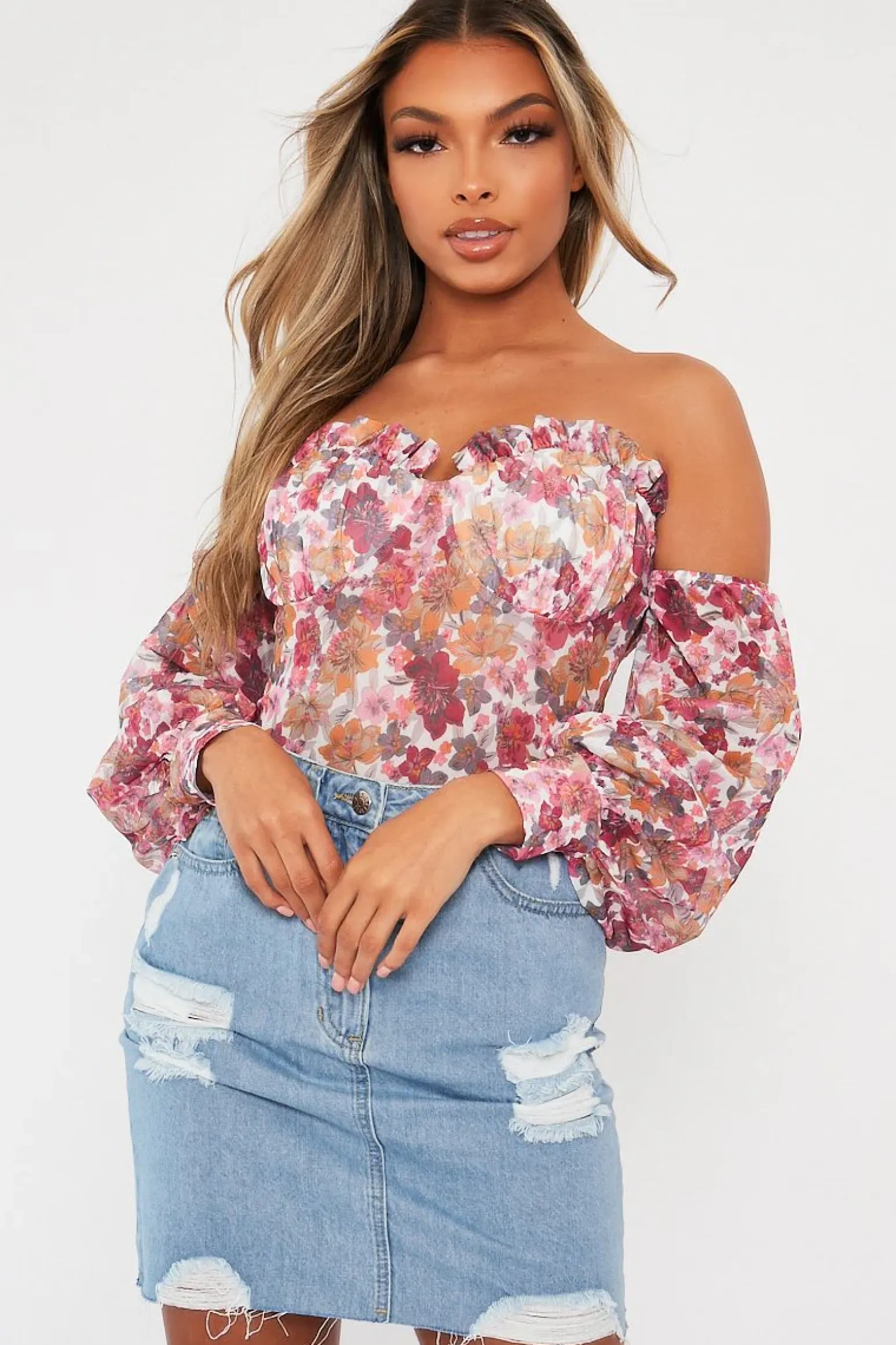 Rebellious Fashion White Floral Bardot Off The Shoulder Mesh Bodysuit - Hayle