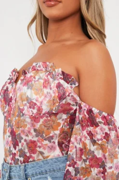 Rebellious Fashion White Floral Bardot Off The Shoulder Mesh Bodysuit - Hayle