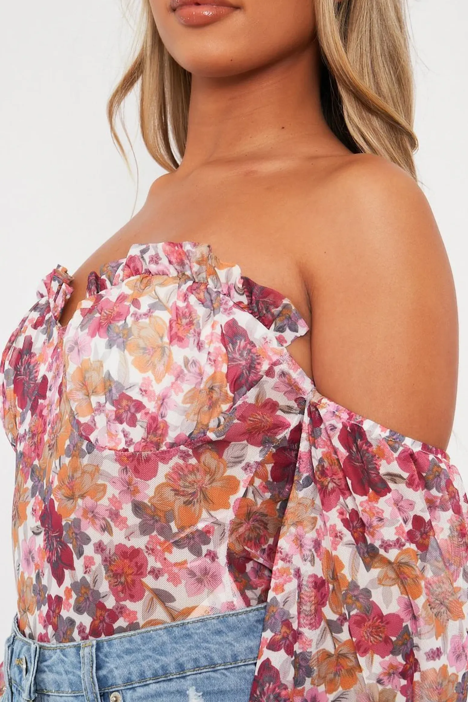 Rebellious Fashion White Floral Bardot Off The Shoulder Mesh Bodysuit - Hayle