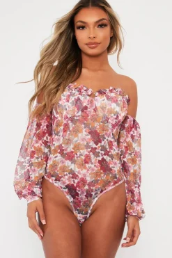 Rebellious Fashion White Floral Bardot Off The Shoulder Mesh Bodysuit - Hayle