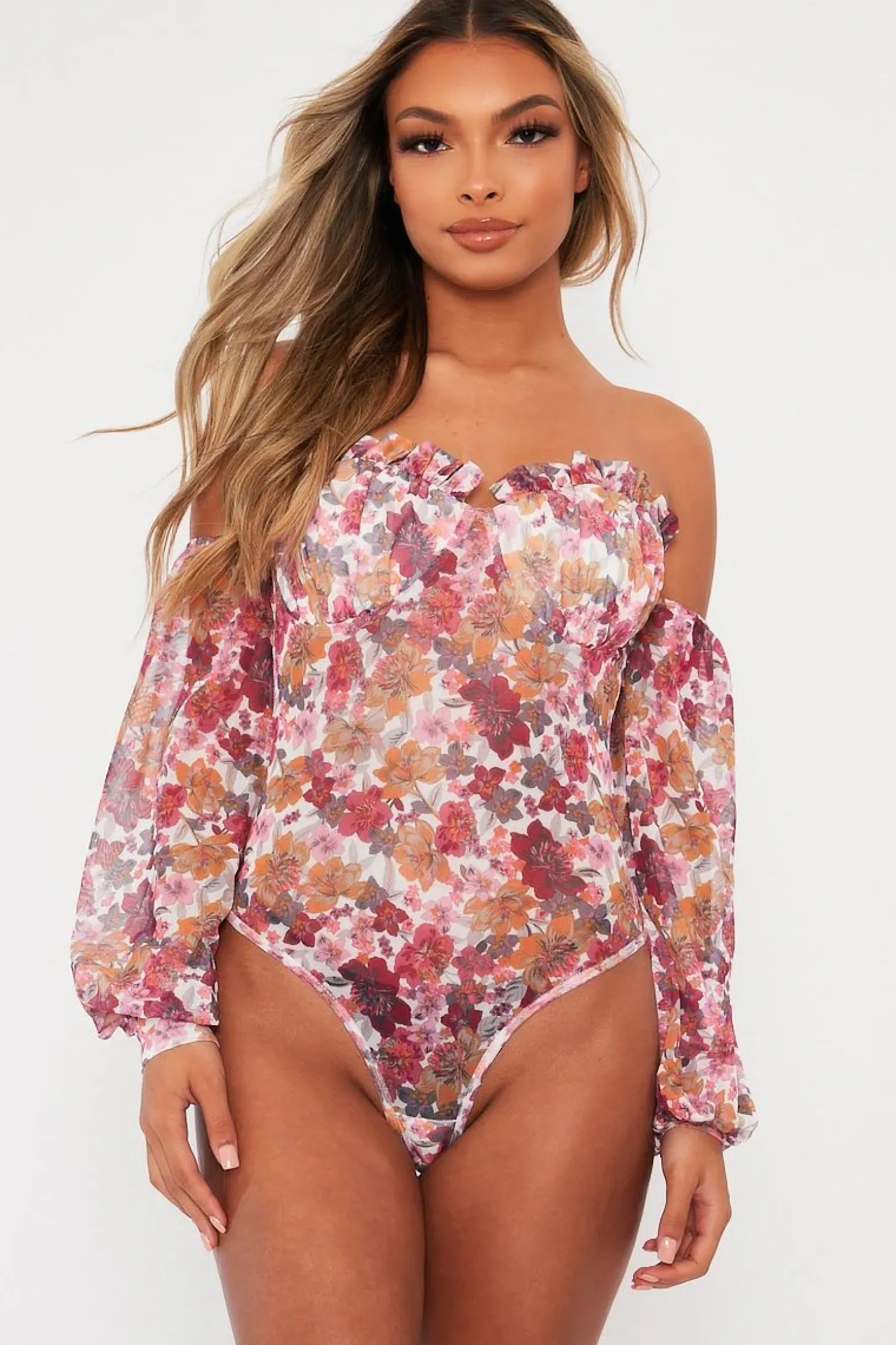 Rebellious Fashion White Floral Bardot Off The Shoulder Mesh Bodysuit - Hayle