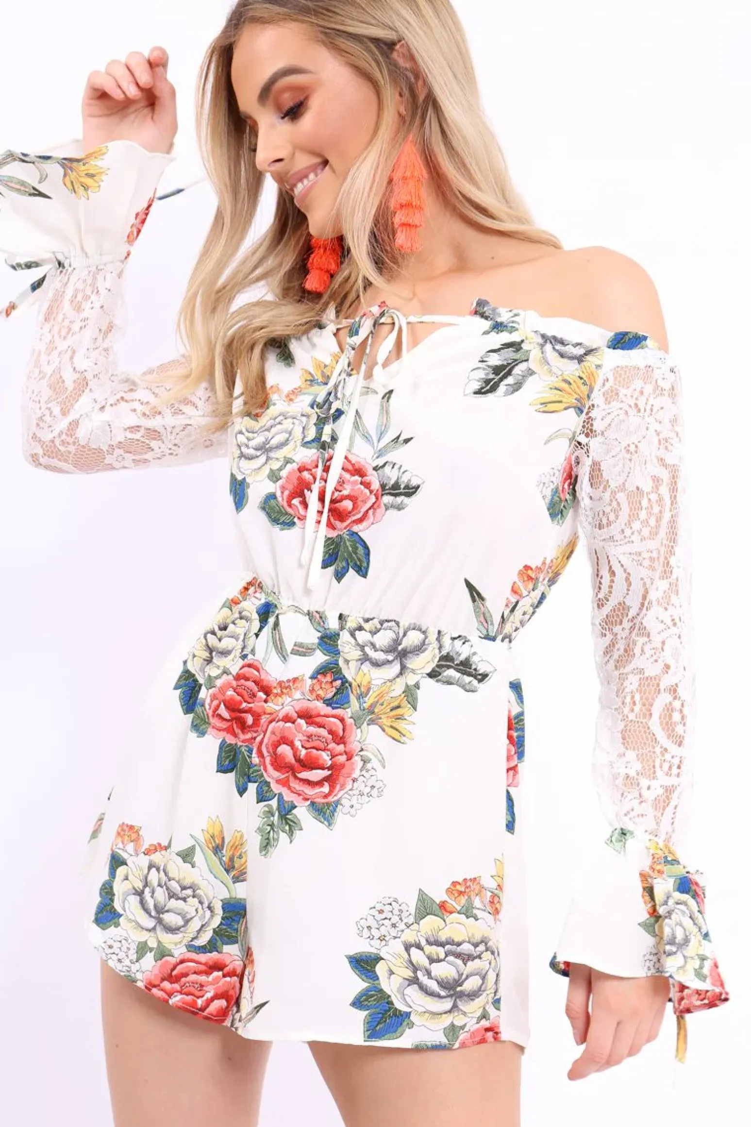 Rebellious Fashion White Floral Bardot Playsuit with Lace Sleeves - Caroline
