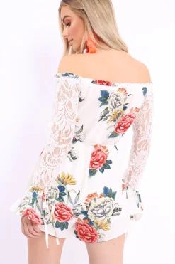 Rebellious Fashion White Floral Bardot Playsuit with Lace Sleeves - Caroline