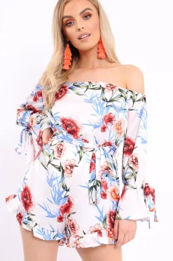 Rebellious Fashion White Floral Bardot Playsuit with Frill Hem and Cuffs - Farhanna