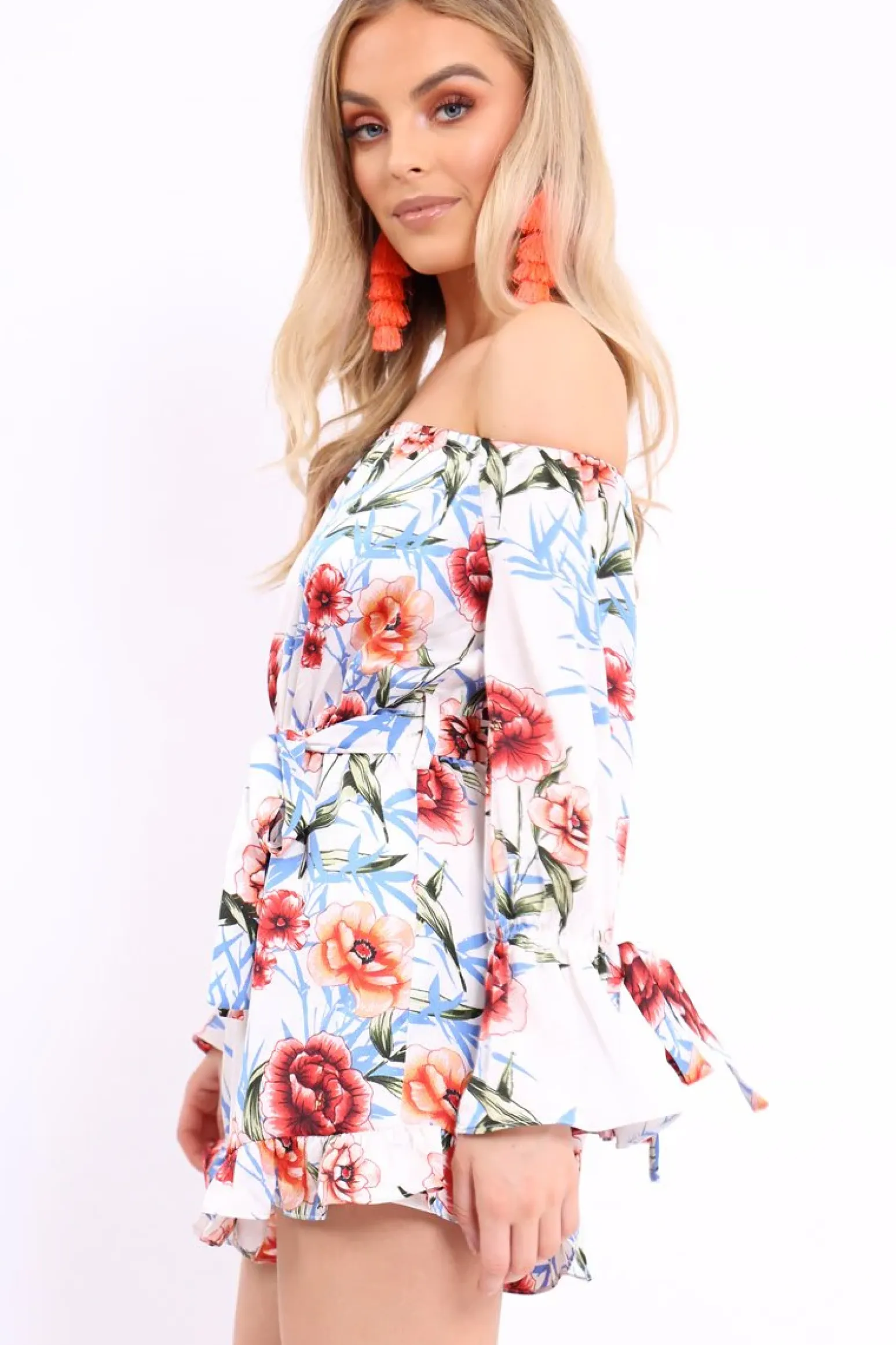 Rebellious Fashion White Floral Bardot Playsuit with Frill Hem and Cuffs - Farhanna