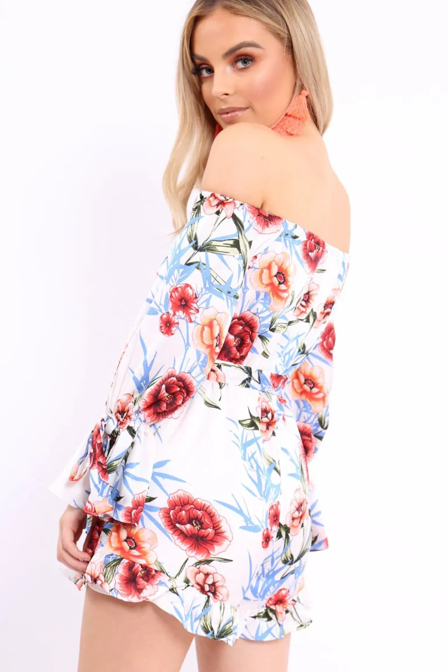 Rebellious Fashion White Floral Bardot Playsuit with Frill Hem and Cuffs - Farhanna