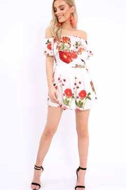 Rebellious Fashion White Floral Bardot Playsuit with Frill Detail - Raine