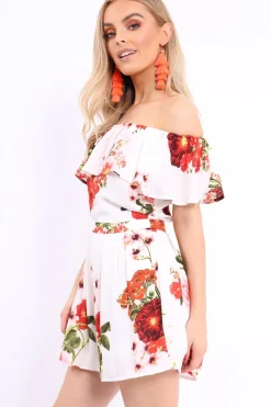 Rebellious Fashion White Floral Bardot Playsuit with Frill Detail - Raine