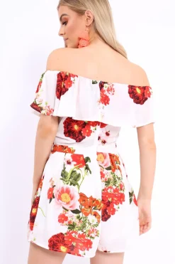 Rebellious Fashion White Floral Bardot Playsuit with Frill Detail - Raine