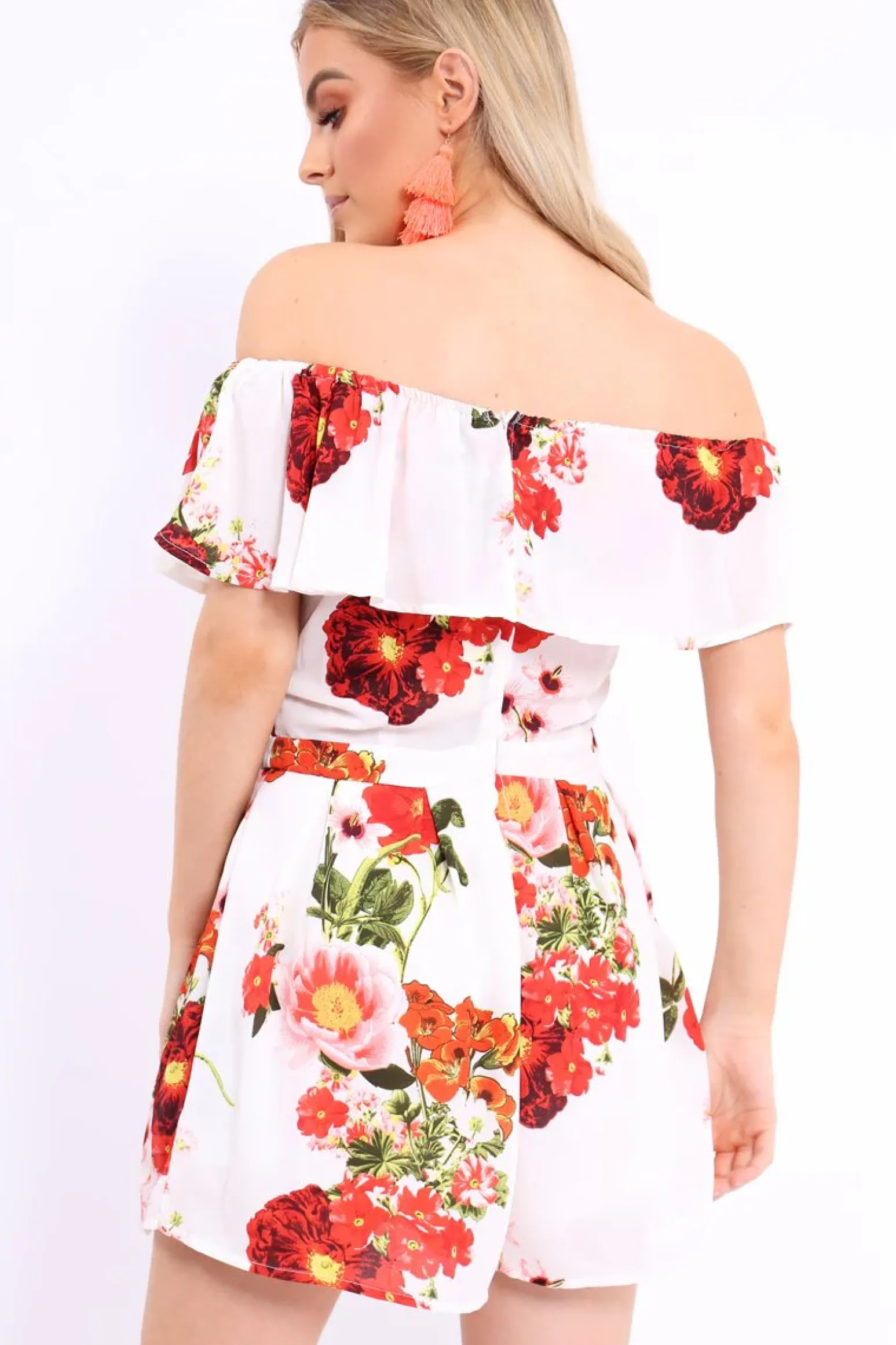 Rebellious Fashion White Floral Bardot Playsuit with Frill Detail - Raine