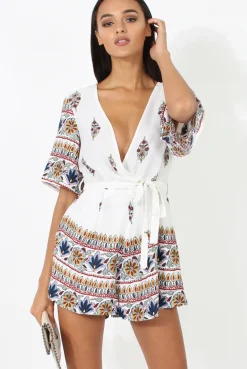 Rebellious Fashion White Floral Border Print Playsuit - Shauna