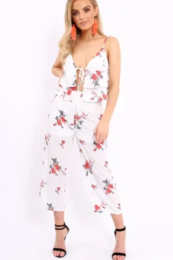 Rebellious Fashion White Floral Bralet and Cropped Pants Co-ord - Faria