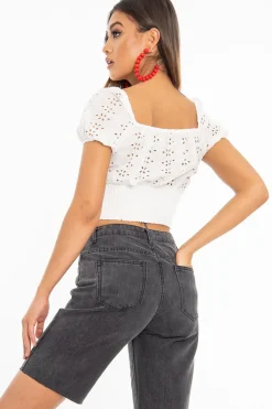 Rebellious Fashion White Floral Broderie Lace Button Front Crop Top - Lydia
