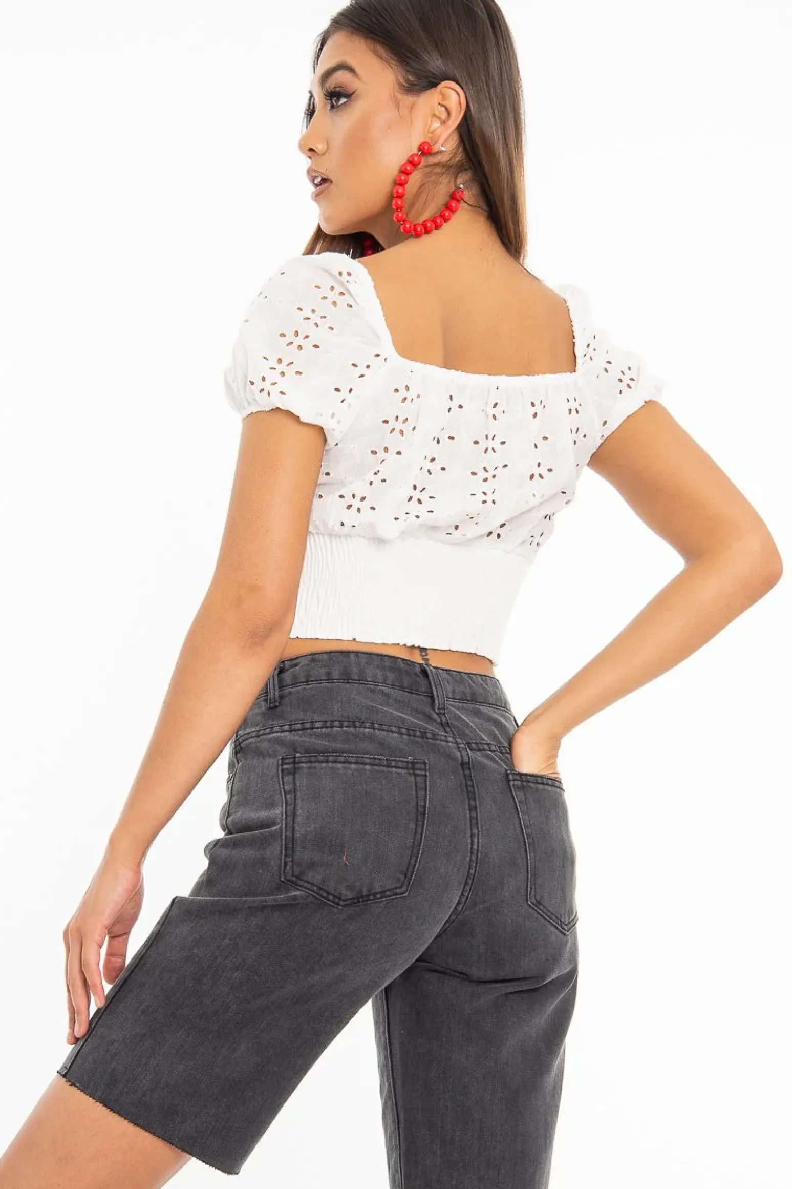 Rebellious Fashion White Floral Broderie Lace Button Front Crop Top - Lydia