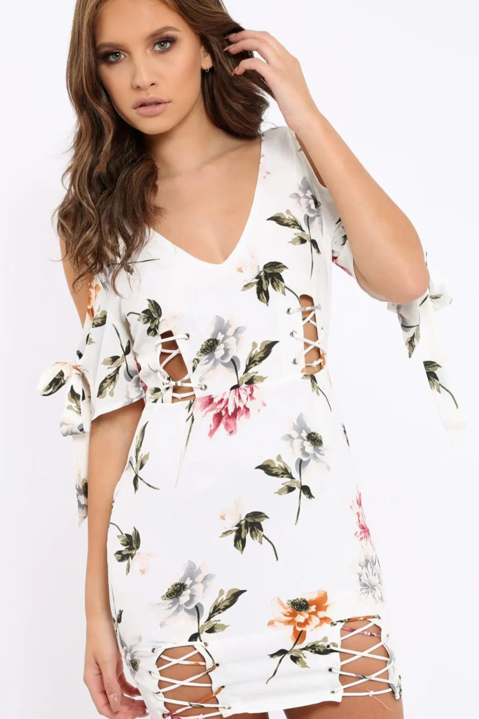 Rebellious Fashion White Floral Cold Shoulder Lace Up Mini Dress - Roxina