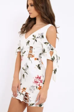 Rebellious Fashion White Floral Cold Shoulder Lace Up Mini Dress - Roxina