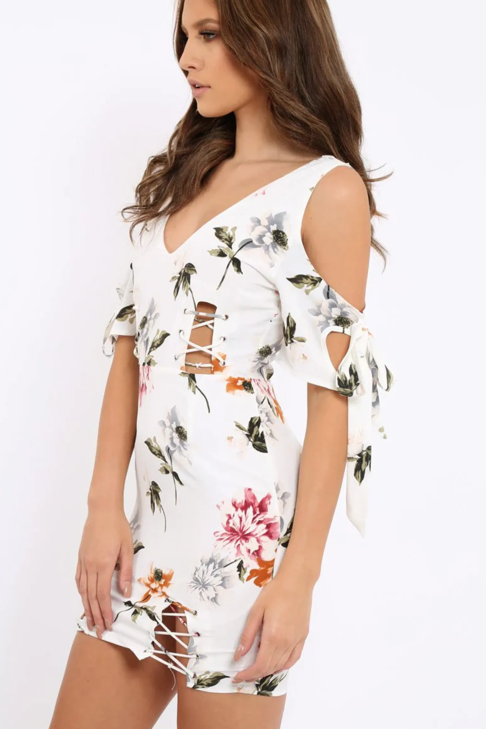 Rebellious Fashion White Floral Cold Shoulder Lace Up Mini Dress - Roxina