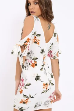 Rebellious Fashion White Floral Cold Shoulder Lace Up Mini Dress - Roxina