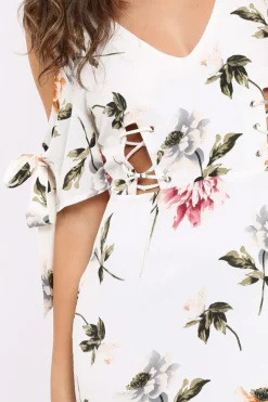 Rebellious Fashion White Floral Cold Shoulder Lace Up Mini Dress - Roxina