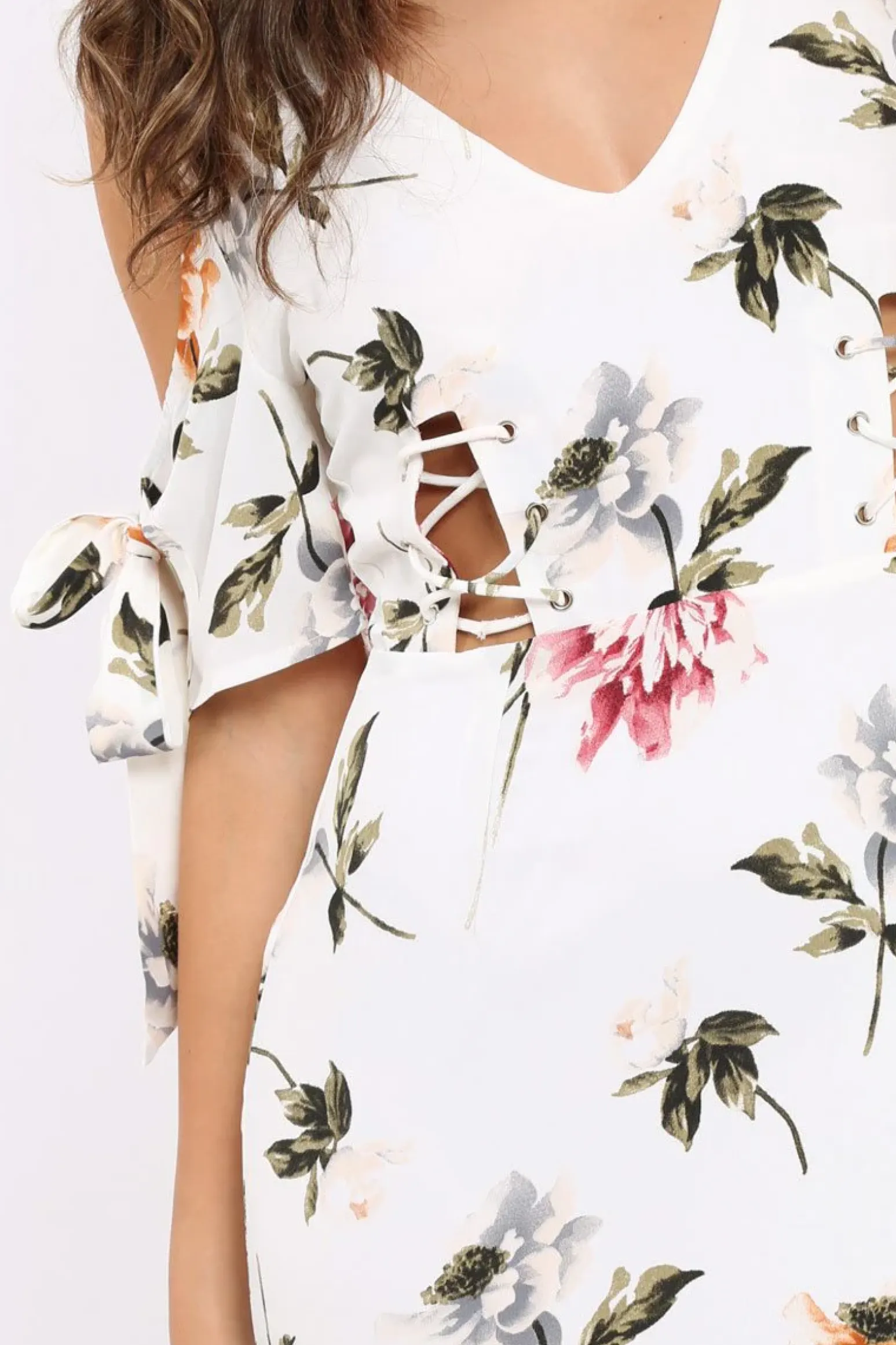 Rebellious Fashion White Floral Cold Shoulder Lace Up Mini Dress - Roxina