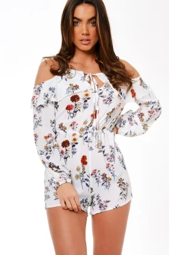 Rebellious Fashion White Floral Cold Shoulder Playsuit - Ronnie