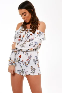 Rebellious Fashion White Floral Cold Shoulder Playsuit - Ronnie