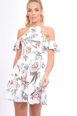 Rebellious Fashion White Floral Cold Shoulder Skater Dress - Zoey