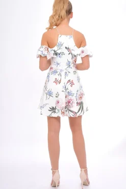 Rebellious Fashion White Floral Cold Shoulder Skater Dress - Zoey