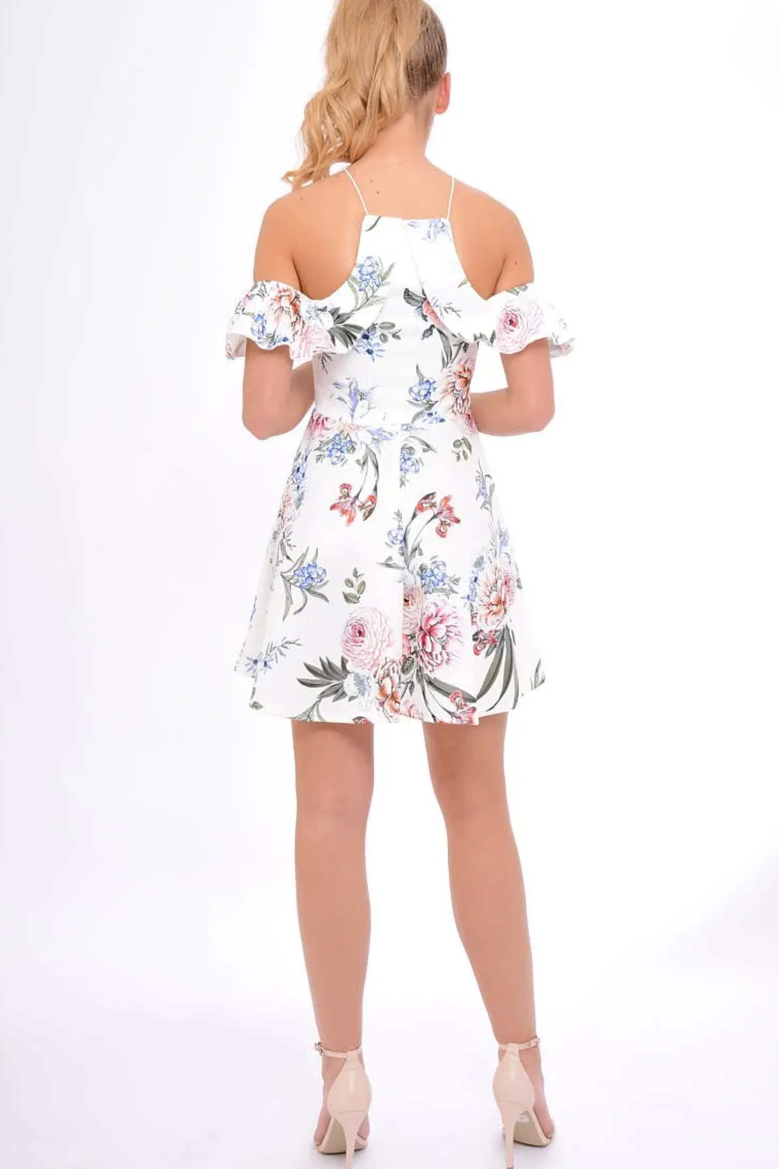 Rebellious Fashion White Floral Cold Shoulder Skater Dress - Zoey