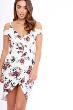 Rebellious Fashion White Floral Cold Shoulder Wrap Midi Dress - Karoline