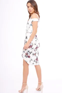 Rebellious Fashion White Floral Cold Shoulder Wrap Midi Dress - Karoline
