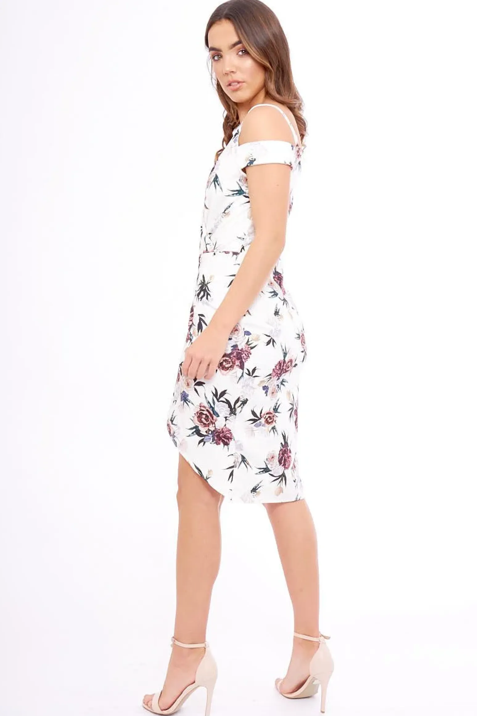 Rebellious Fashion White Floral Cold Shoulder Wrap Midi Dress - Karoline