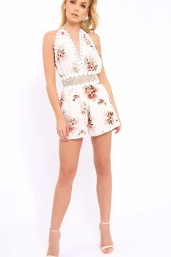 Rebellious Fashion White Floral Crochet Plunge Playsuit - Unice