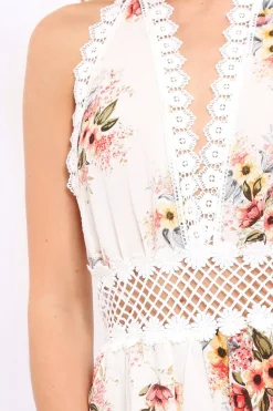 Rebellious Fashion White Floral Crochet Plunge Playsuit - Unice